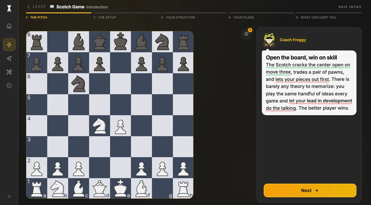 The best chess openings for beginners on Chessigma's opening trainer, ranked by club-level score