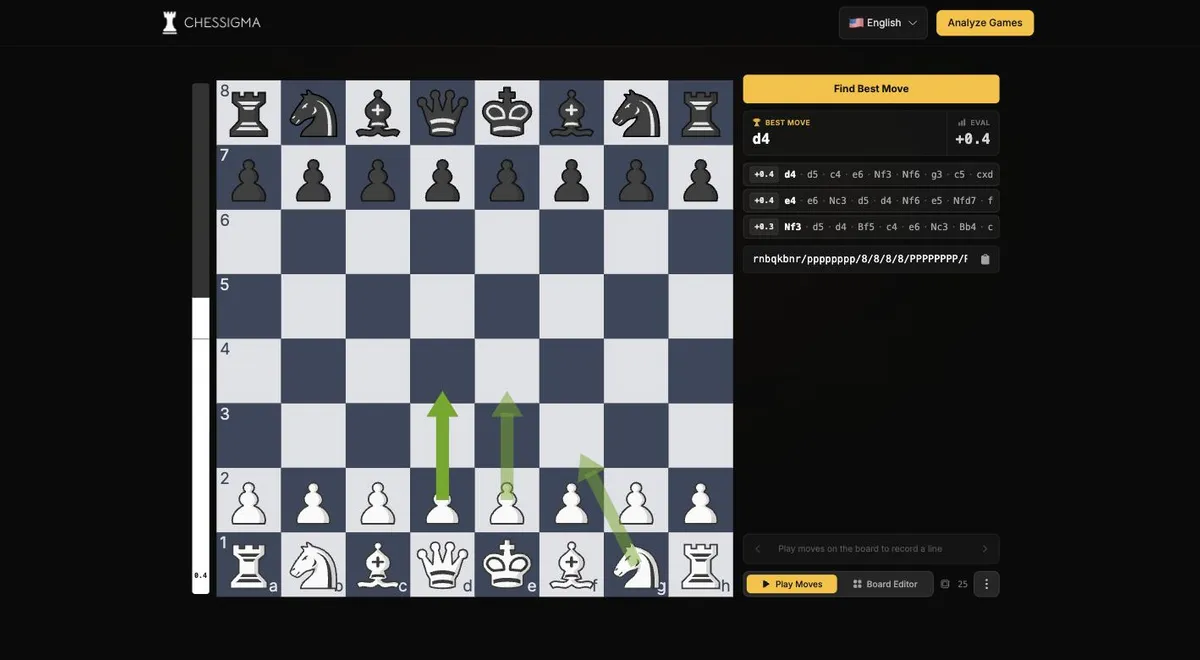 Chess AI helper showing the best move, evaluation, and engine lines for a pasted position