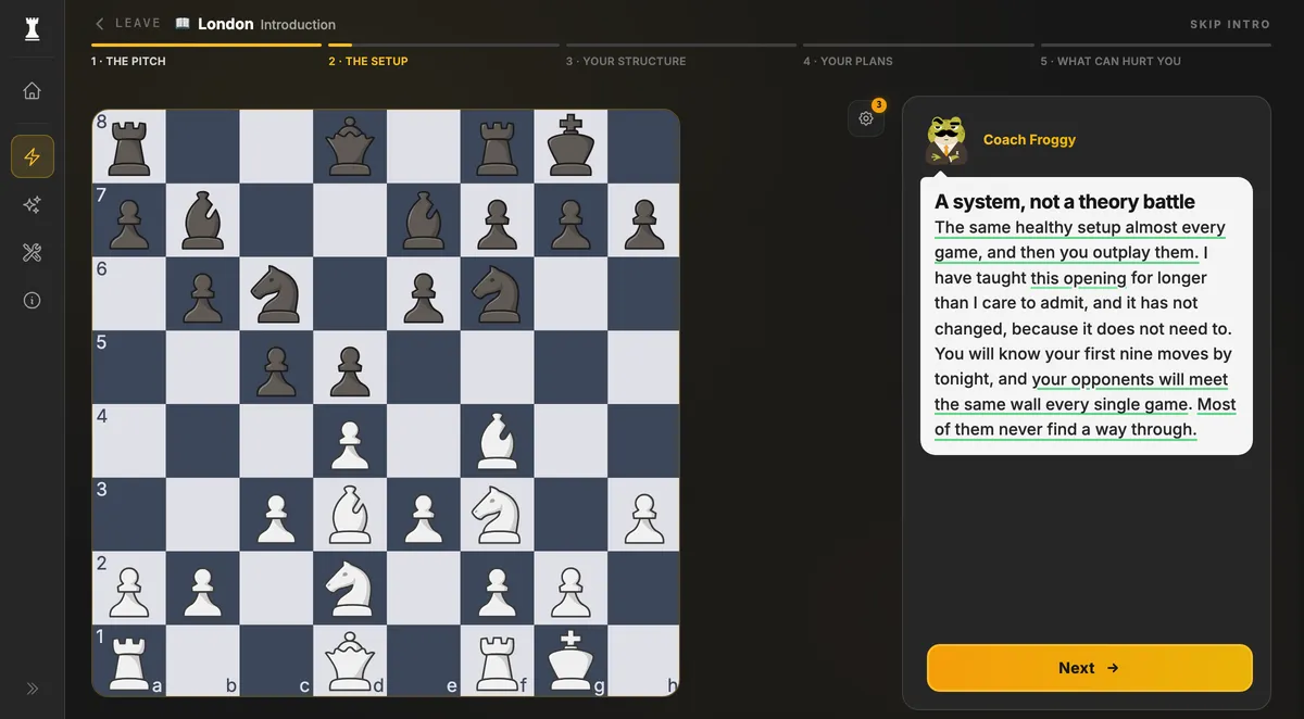 The London System setup on Chessigma's opening trainer, one of the best chess openings for white