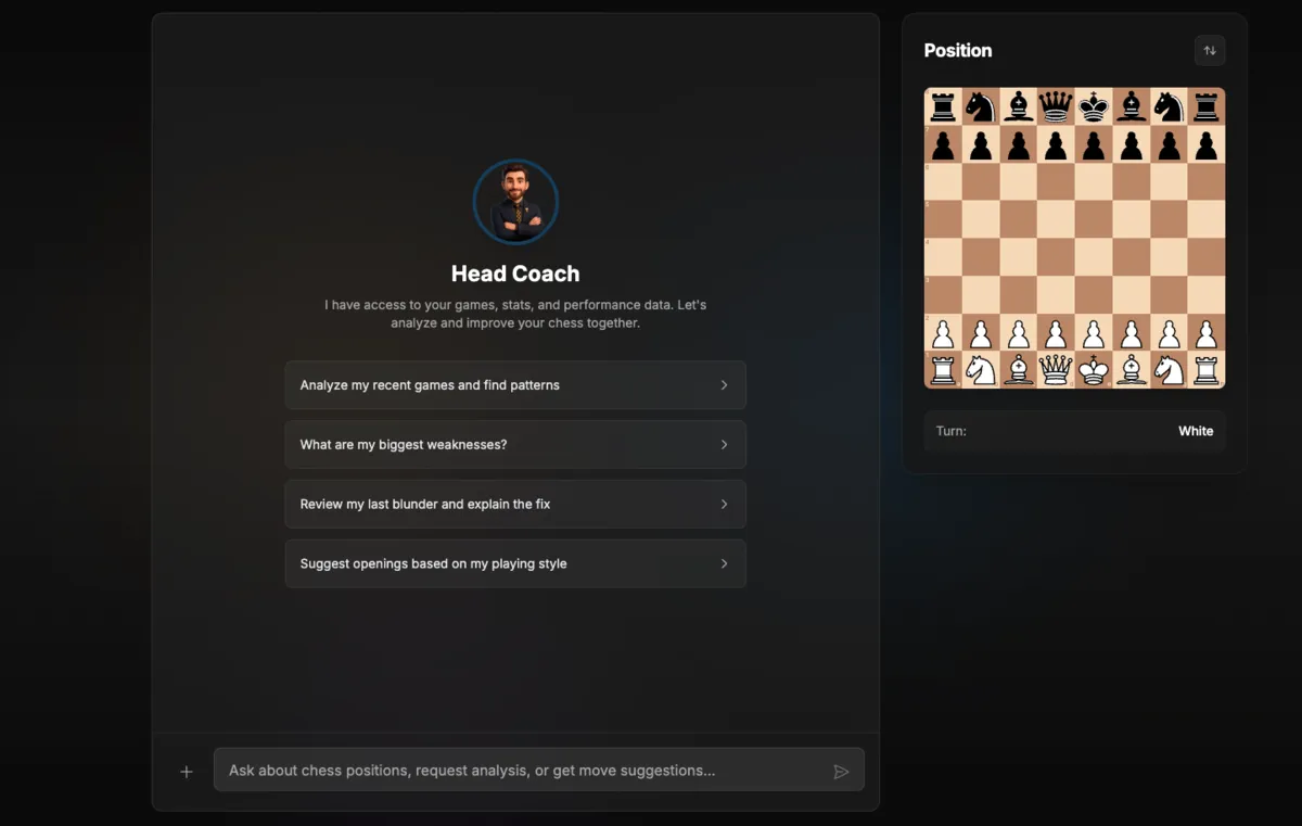 AI chess coach interface showing personalized analysis and training recommendations