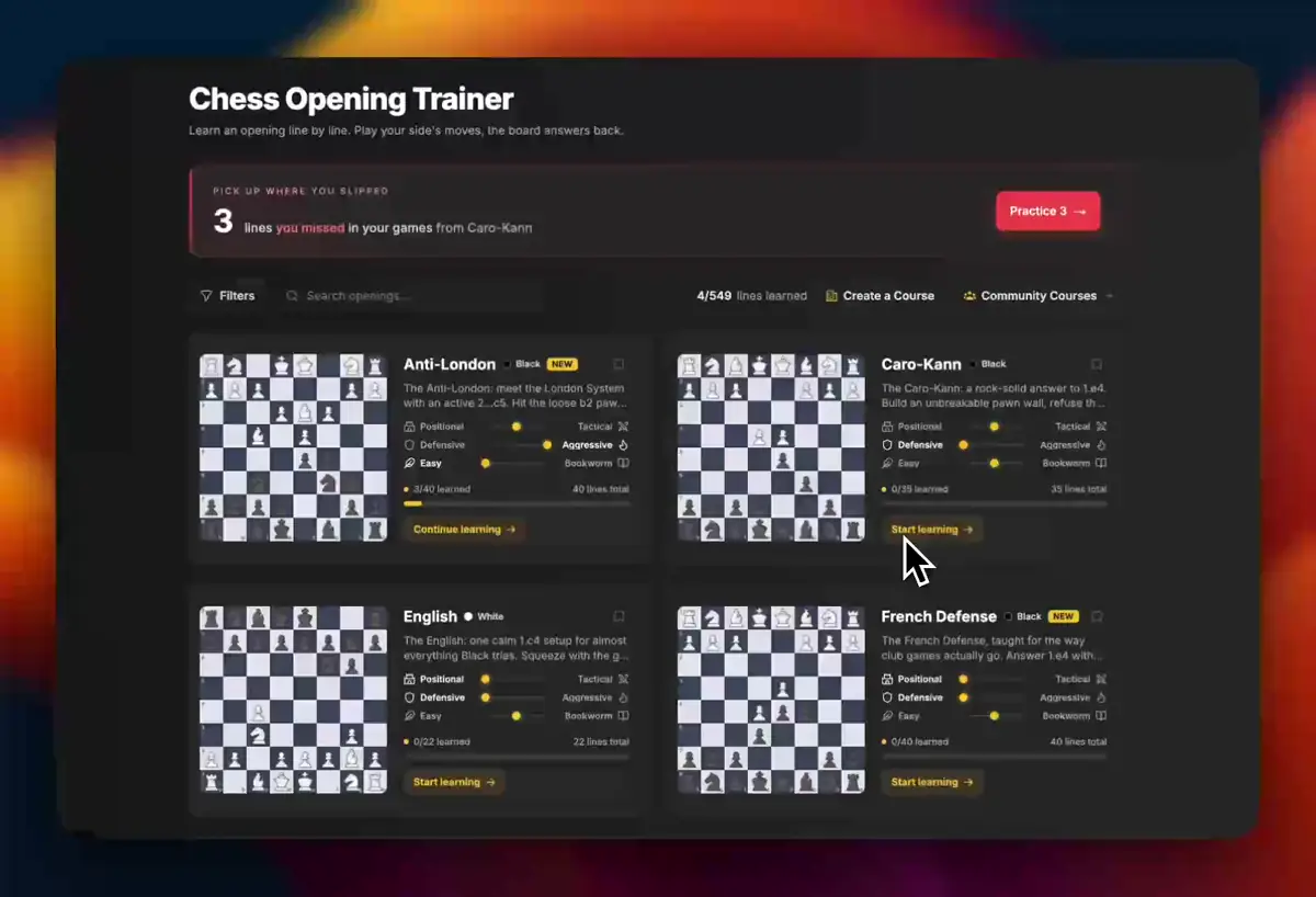 Opening Module chess training demo
